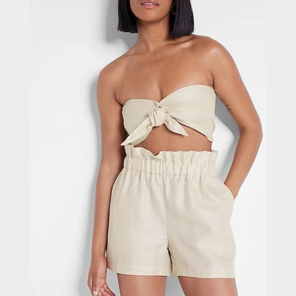 Express Women's Sparkle Linen-Blend Tie Front Bandeau Top